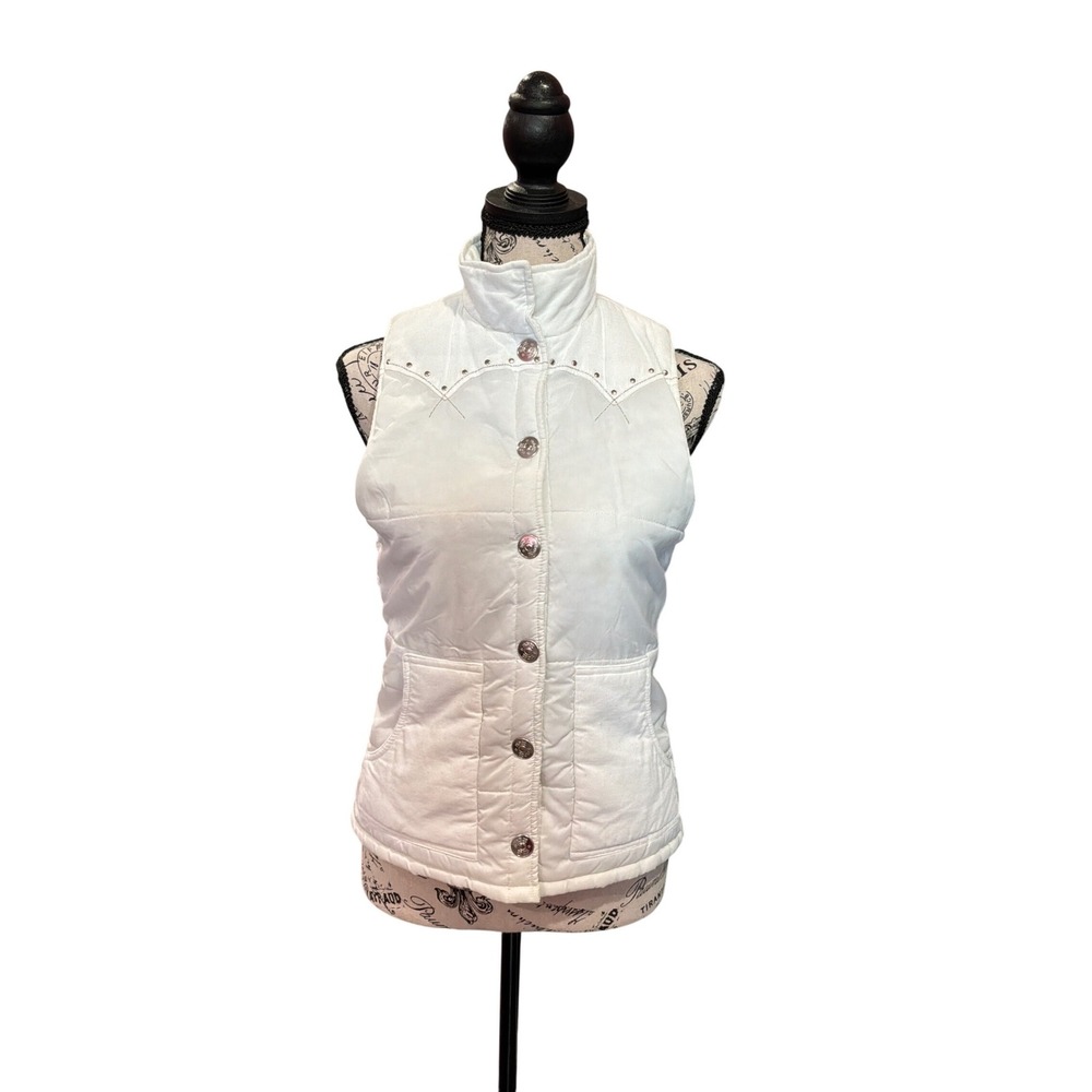 Twenty X Wrangler Womens White Western Studded Puffer Vest Corduroy Trim